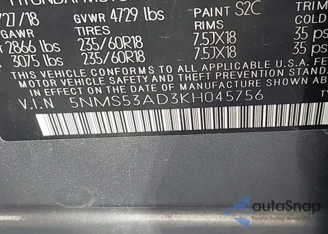 2019 Hyundai Santa Fe Limited из США, поврежденный, VIN 5NMS53AD3KH045756